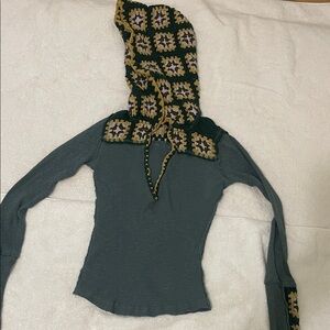 Chic forest green (designed to look faded) Top with Multicolor Crochet Hood